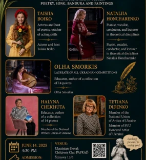 Between Sound and Light. A chamber cultural evening of Ukrainian art in Bratislava: painting, poetry, piano, singing, bandura and traditional handmade works.